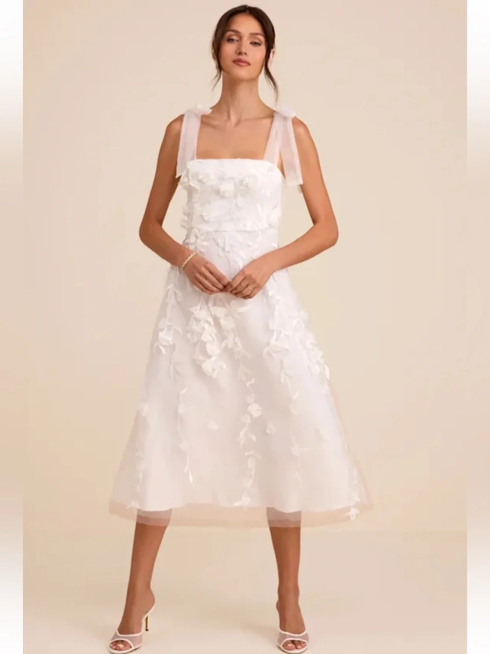 Lulu's White Floral Appliqué Midi Dress with Tie Straps Effortlessly Sweet
